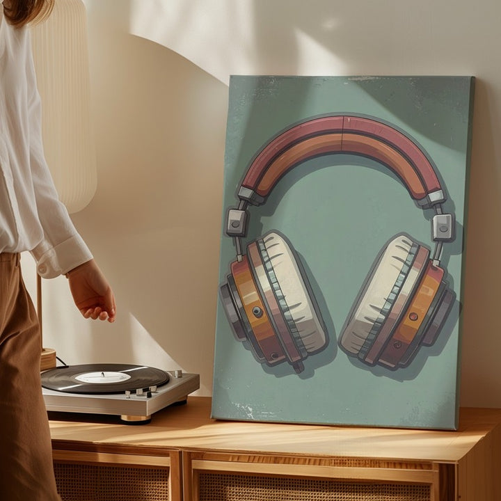 Retro Vibes Headphone Canvas – Vintage Audio Art on Soft Green - Gifitto