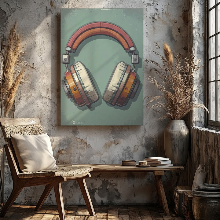 Retro Vibes Headphone Canvas – Vintage Audio Art on Soft Green - Gifitto