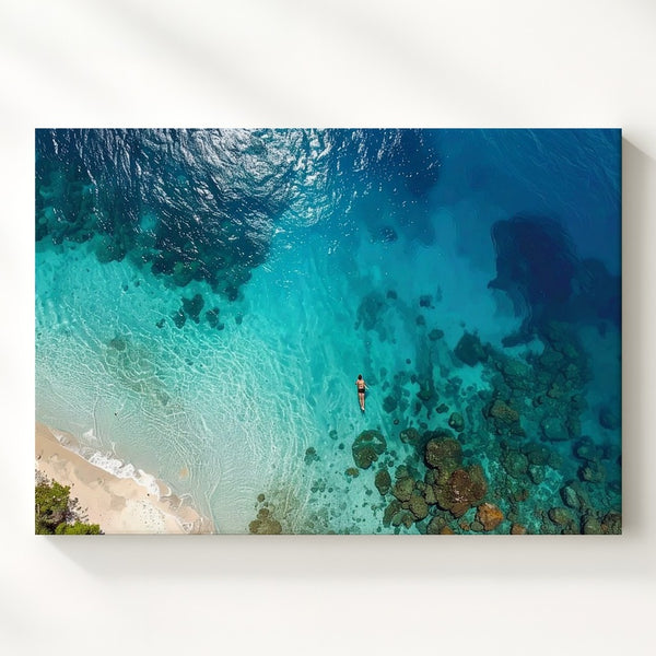 Lone Swimmer in Tropical Sea Canvas – Aerial Ocean Serenity Wall Art