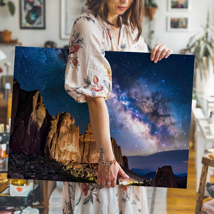 Milky Way Over Monuments Canvas – Starry Sky Above Towering Rock Formations - Gifitto