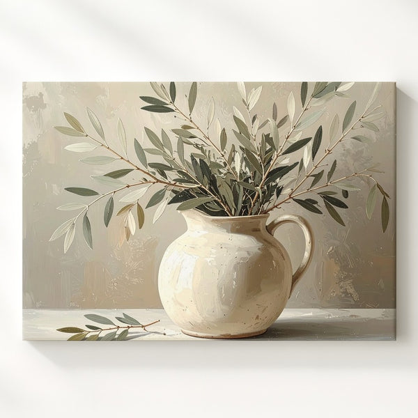 Olive Branch Pitcher Canvas – Minimalist Still Life Botanical Art - Gifitto