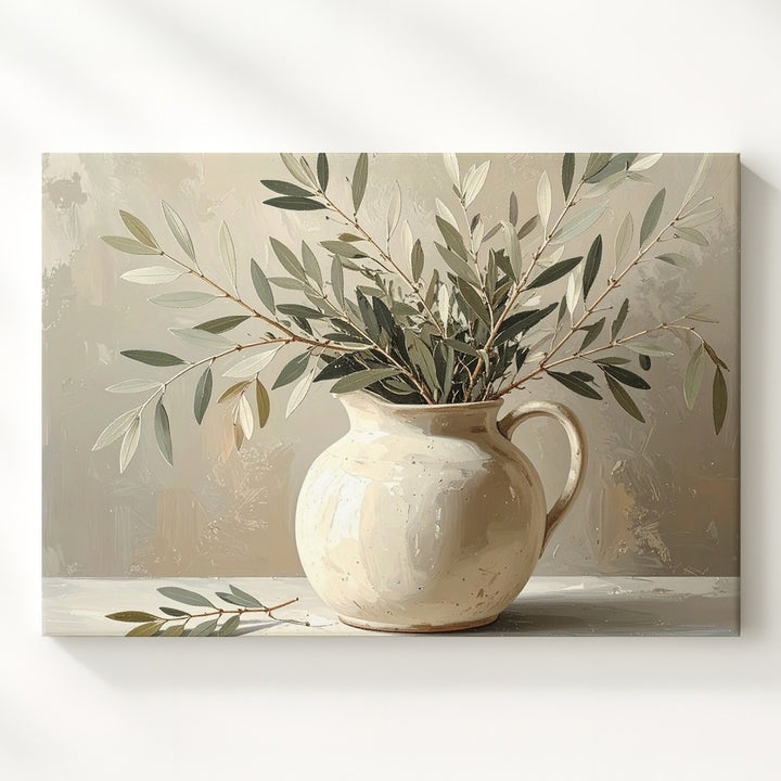 Olive Branch Pitcher Canvas – Minimalist Still Life Botanical Art - Gifitto