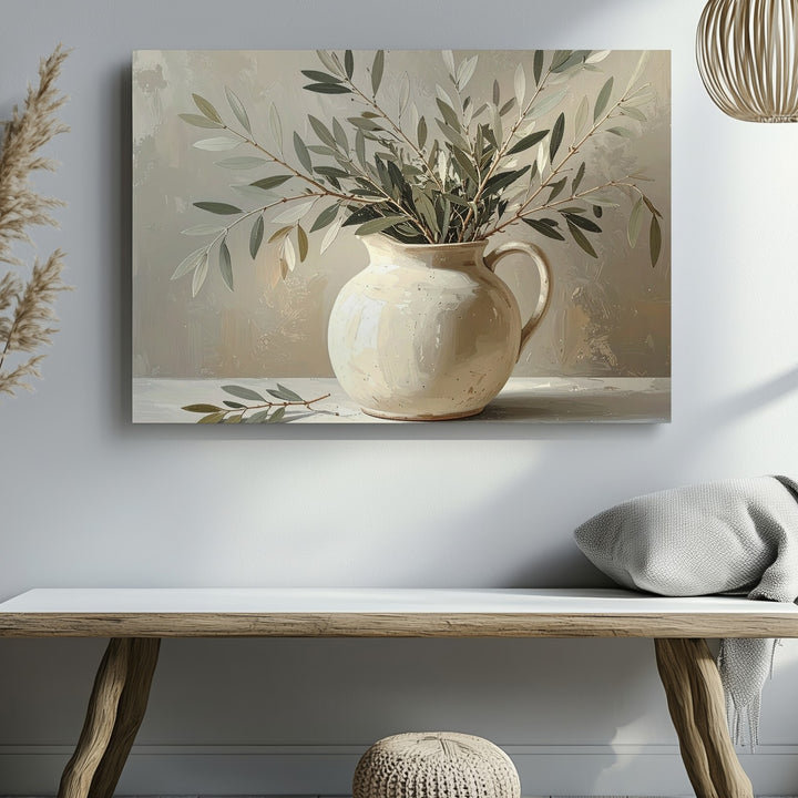 Olive Branch Pitcher Canvas – Minimalist Still Life Botanical Art - Gifitto