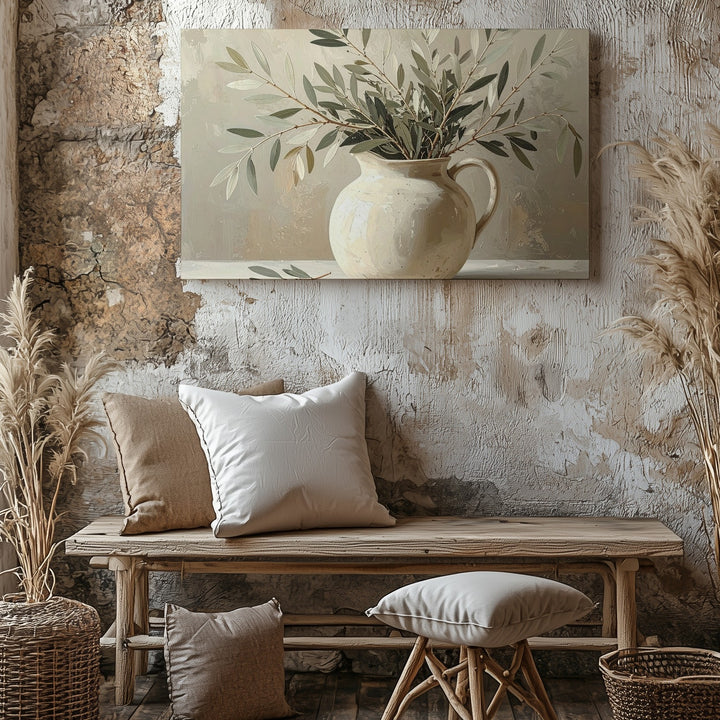 Olive Branch Pitcher Canvas – Minimalist Still Life Botanical Art - Gifitto