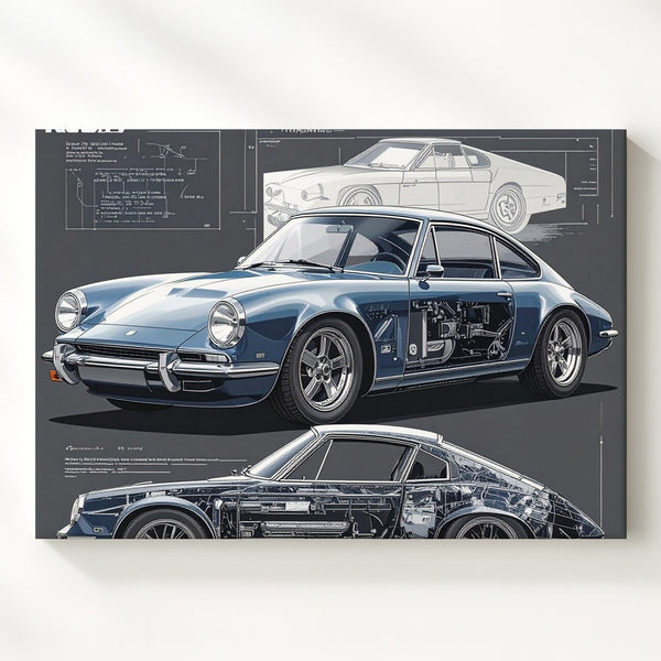 Blueprint of a Legend Canvas – Porsche 911 Technical Art on Chalkboard Background - Gifitto