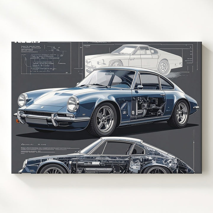 Blueprint of a Legend Canvas – Porsche 911 Technical Art on Chalkboard Background - Gifitto