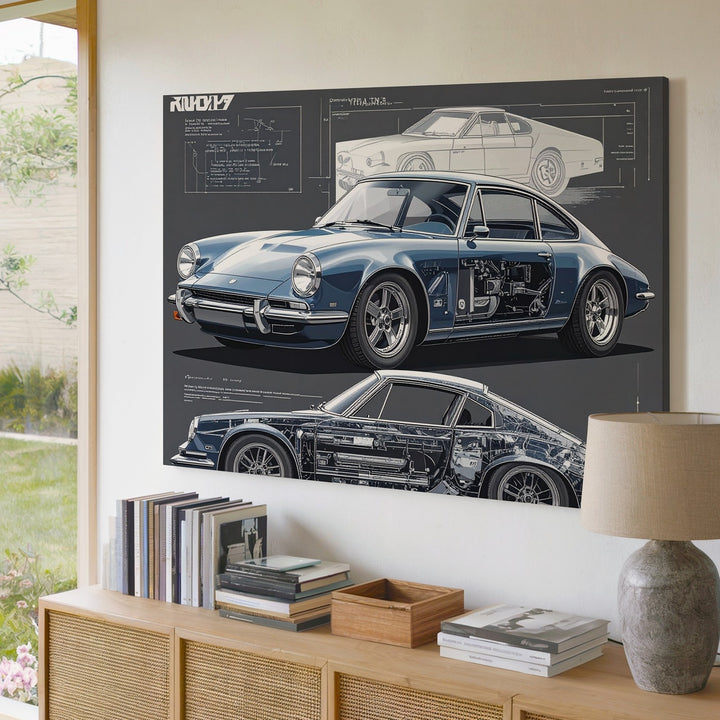 Blueprint of a Legend Canvas – Porsche 911 Technical Art on Chalkboard Background - Gifitto