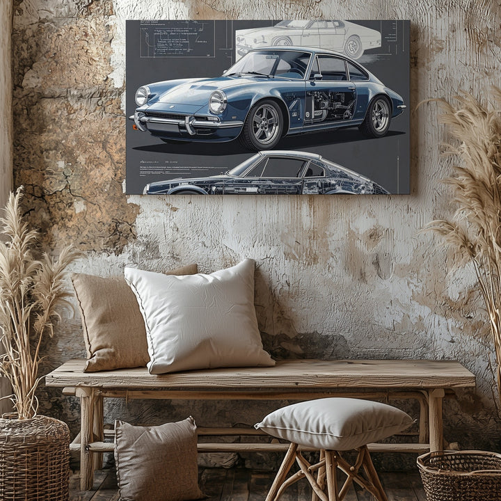 Blueprint of a Legend Canvas – Porsche 911 Technical Art on Chalkboard Background - Gifitto