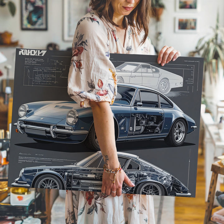 Blueprint of a Legend Canvas – Porsche 911 Technical Art on Chalkboard Background - Gifitto