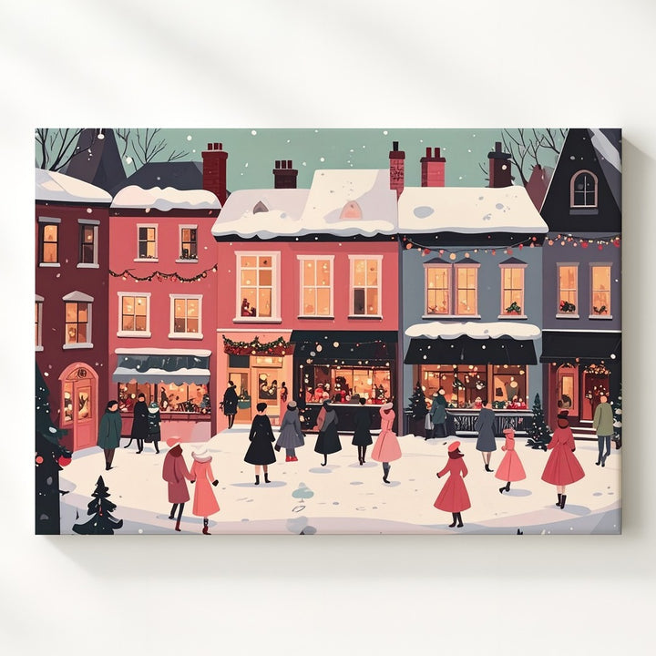 Fairytale Winter Street Canvas – Vintage Holiday Village Scene in Pastel Tones - Gifitto