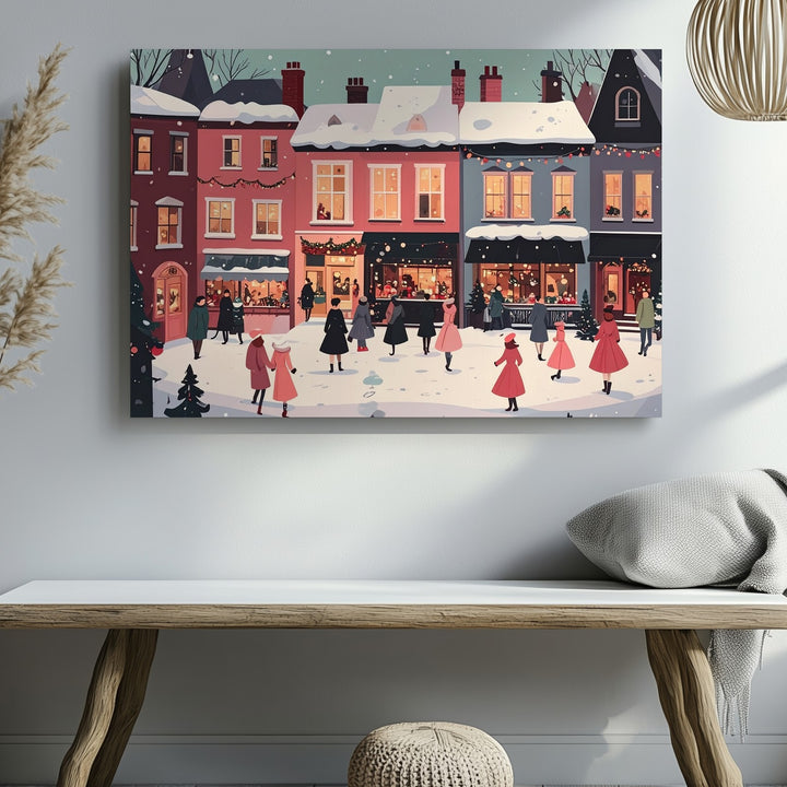 Fairytale Winter Street Canvas – Vintage Holiday Village Scene in Pastel Tones - Gifitto