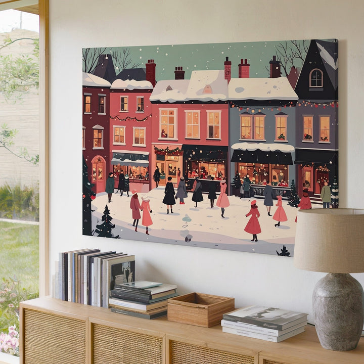 Fairytale Winter Street Canvas – Vintage Holiday Village Scene in Pastel Tones - Gifitto