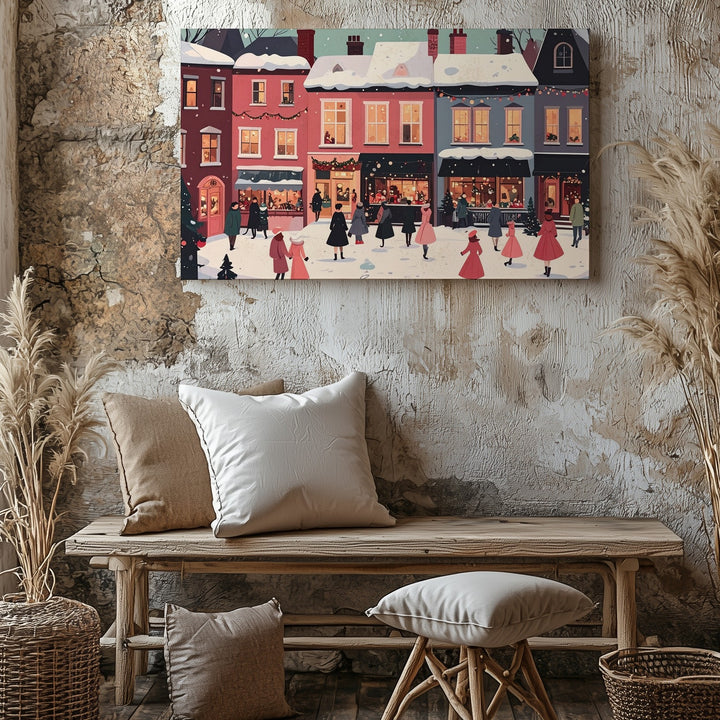 Fairytale Winter Street Canvas – Vintage Holiday Village Scene in Pastel Tones - Gifitto
