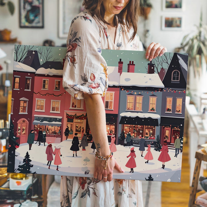 Fairytale Winter Street Canvas – Vintage Holiday Village Scene in Pastel Tones - Gifitto