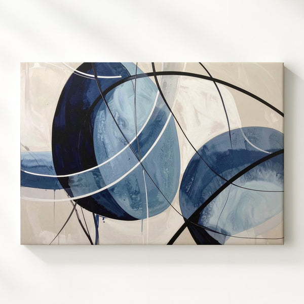 Blue Rhythm Canvas – Abstract Watercolor Art with Black Lines and Beige Background - Gifitto