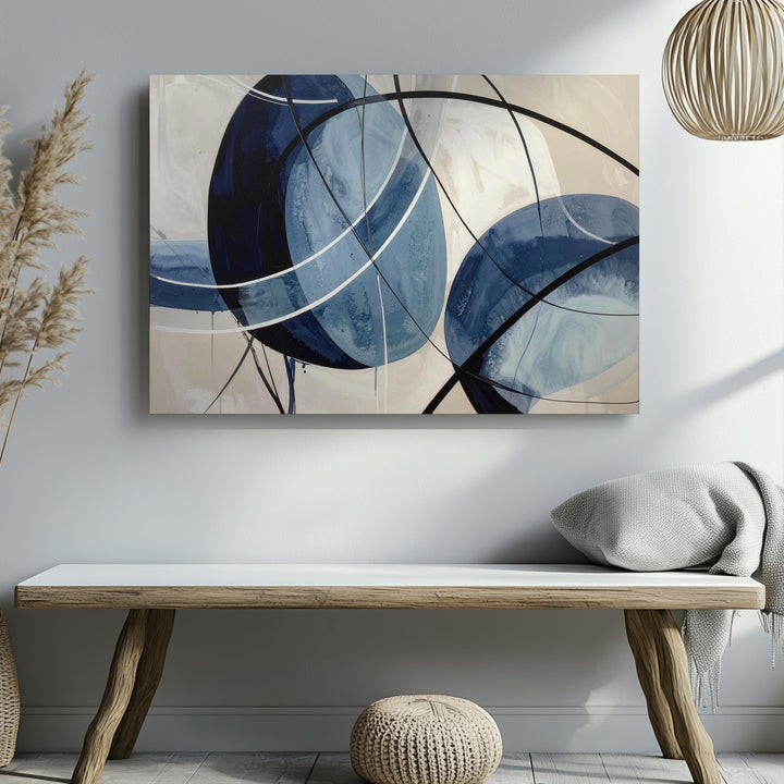 Blue Rhythm Canvas – Abstract Watercolor Art with Black Lines and Beige Background - Gifitto