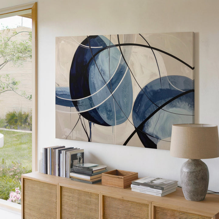Blue Rhythm Canvas – Abstract Watercolor Art with Black Lines and Beige Background - Gifitto