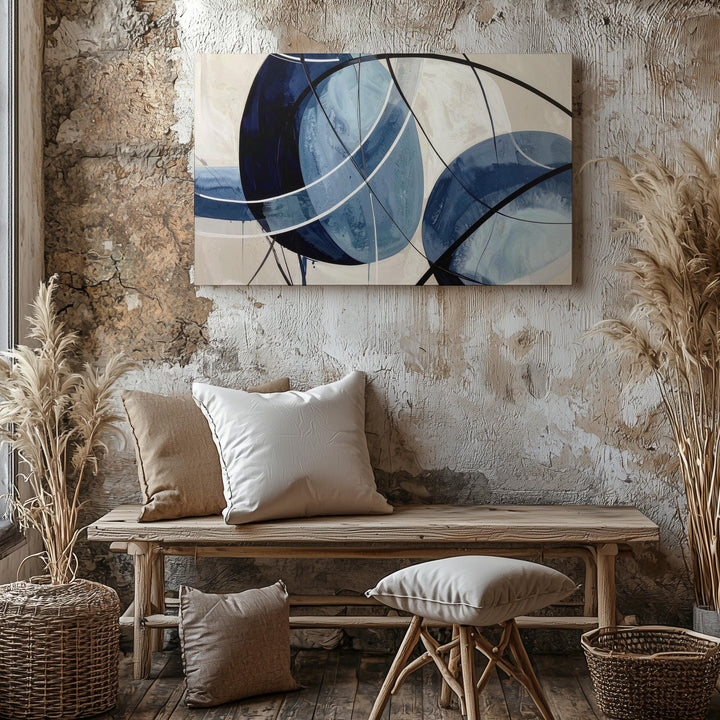 Blue Rhythm Canvas – Abstract Watercolor Art with Black Lines and Beige Background - Gifitto