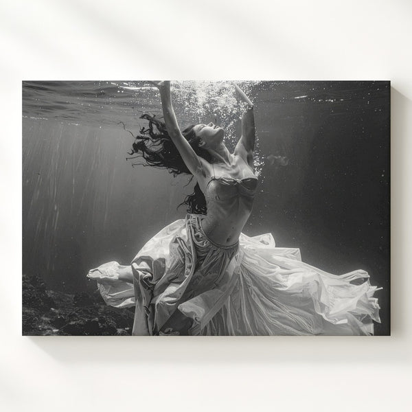 Underwater Dancer Canvas – Ethereal Black & White Photography Wall Art