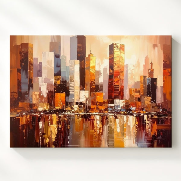 Ethereal City Reflection Canvas – Dreamy Impressionist Skyline at Sunrise