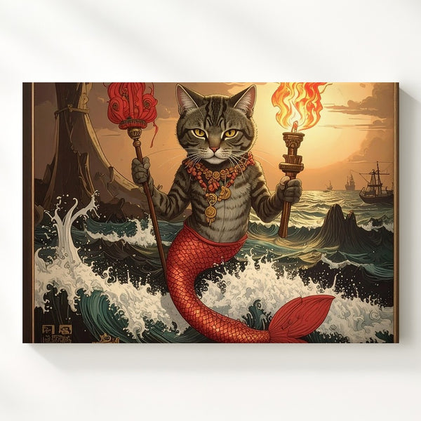 Mermaid Cat Guardian Canvas – Fantasy Oceanic Guardian Wall Art - Gifitto
