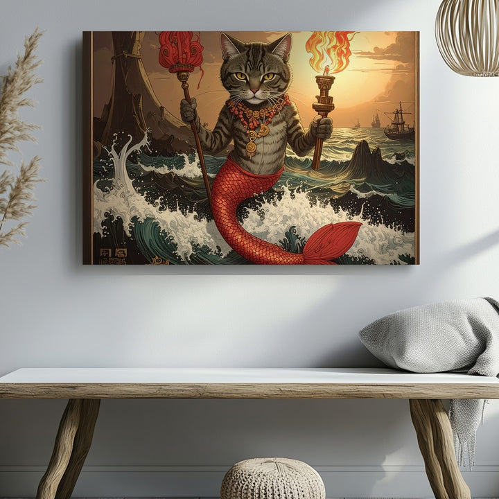 Mermaid Cat Guardian Canvas – Fantasy Oceanic Guardian Wall Art - Gifitto