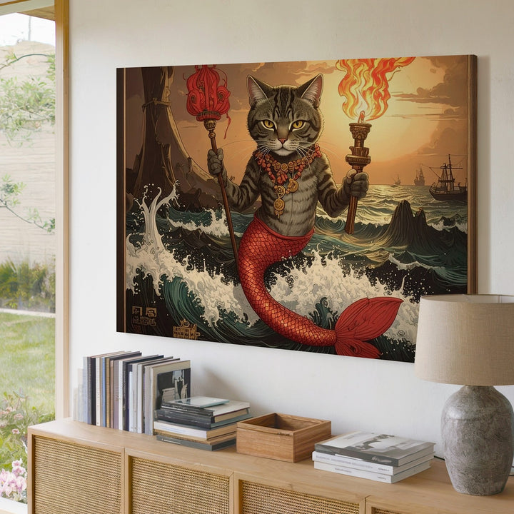 Mermaid Cat Guardian Canvas – Fantasy Oceanic Guardian Wall Art - Gifitto