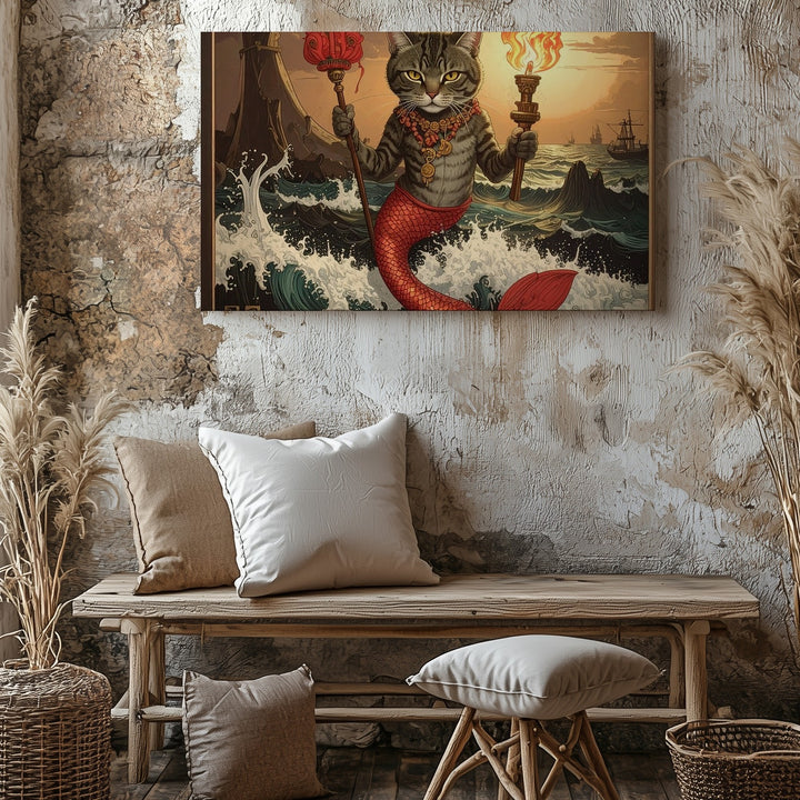 Mermaid Cat Guardian Canvas – Fantasy Oceanic Guardian Wall Art - Gifitto