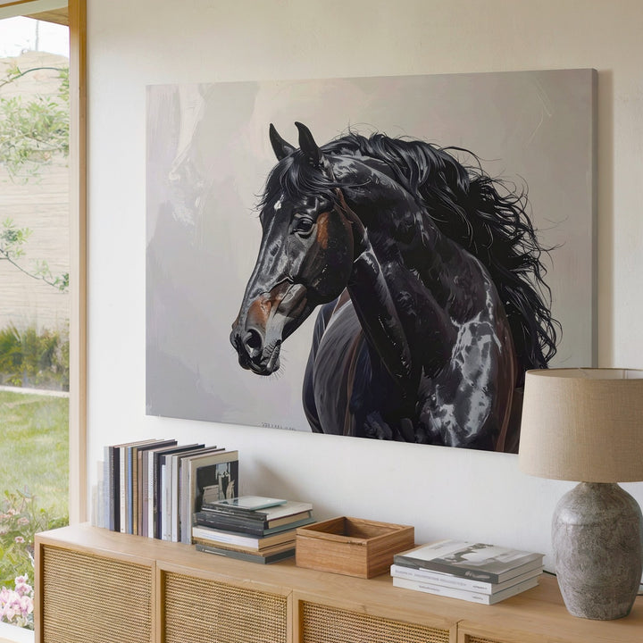 Majestic Black Horse Canvas – Realistic Equestrian Portrait Art - Gifitto