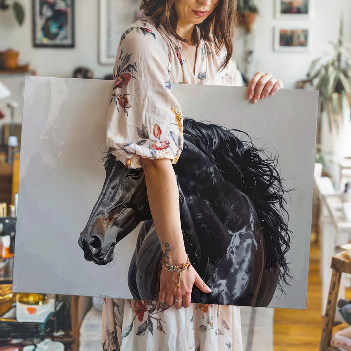 Majestic Black Horse Canvas – Realistic Equestrian Portrait Art - Gifitto