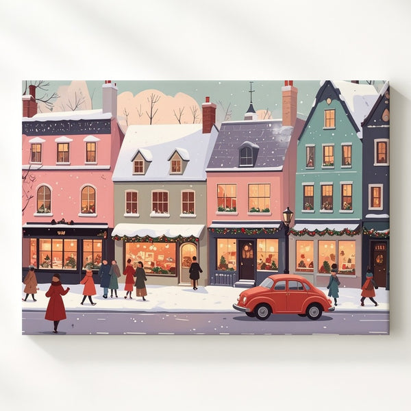 Pastel Holiday Avenue Canvas – Whimsical Urban Winter Street Scene - Gifitto