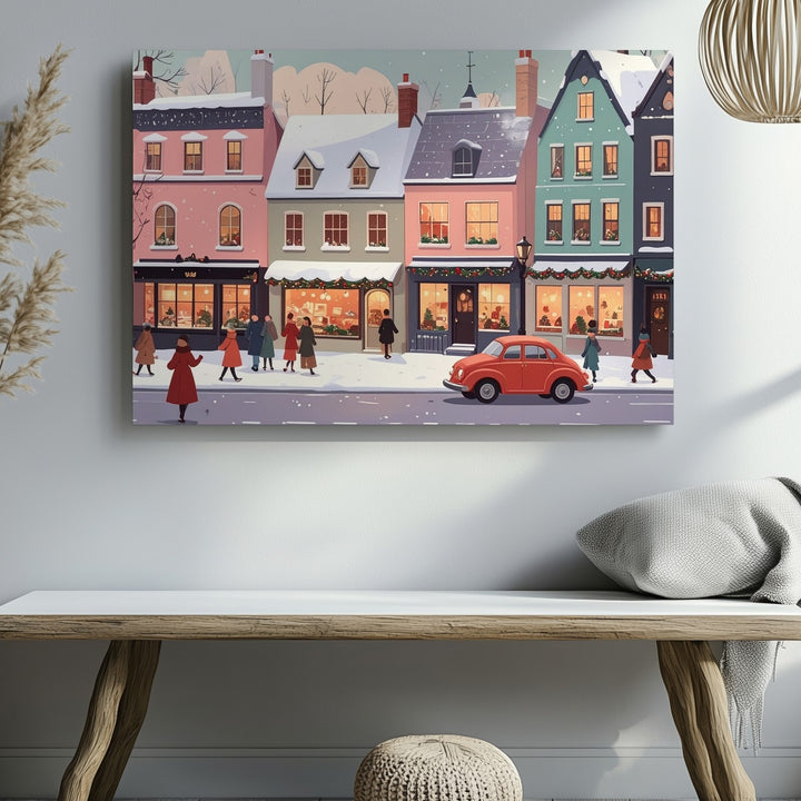 Pastel Holiday Avenue Canvas – Whimsical Urban Winter Street Scene - Gifitto