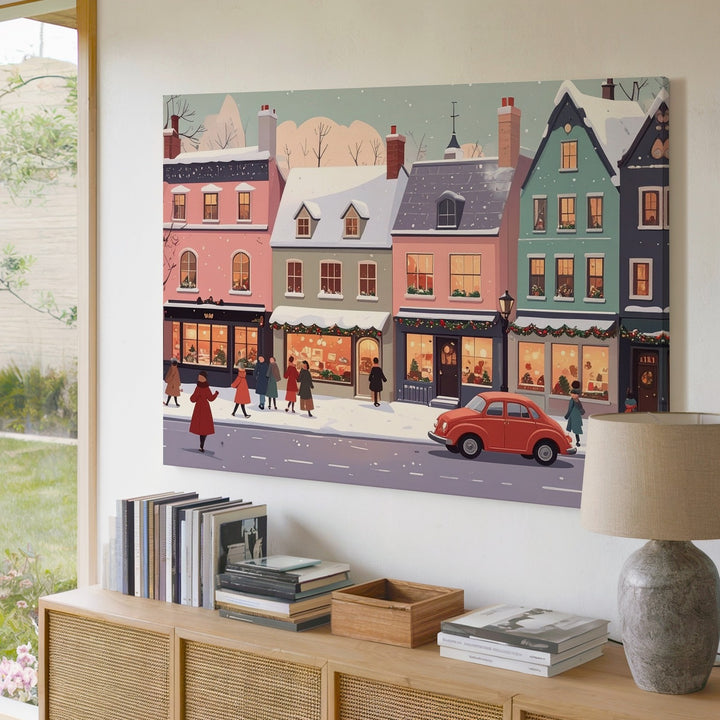 Pastel Holiday Avenue Canvas – Whimsical Urban Winter Street Scene - Gifitto