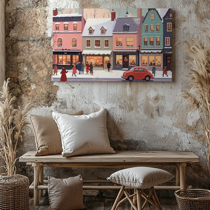 Pastel Holiday Avenue Canvas – Whimsical Urban Winter Street Scene - Gifitto