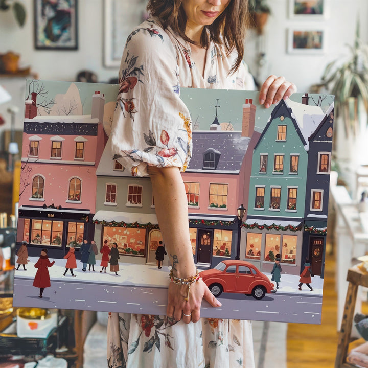 Pastel Holiday Avenue Canvas – Whimsical Urban Winter Street Scene - Gifitto