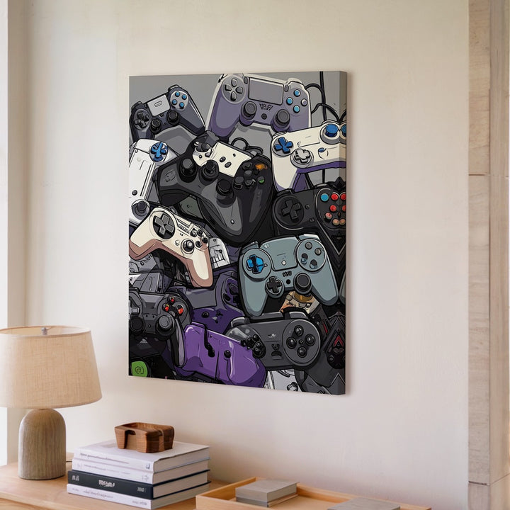 Gaming Evolution Canvas – Cartoon Collage of Retro & Modern Controllers - Gifitto