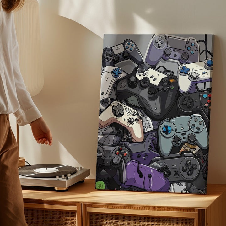 Gaming Evolution Canvas – Cartoon Collage of Retro & Modern Controllers - Gifitto