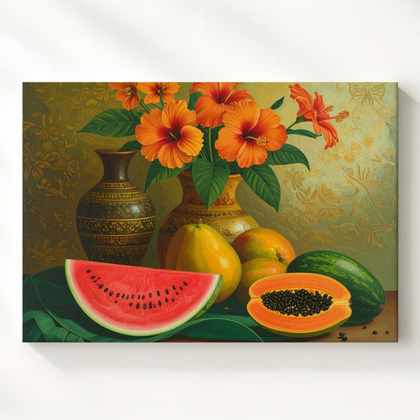 Tropical Abundance Canvas – Folkloric Still Life with Fruits & Hibiscus Flowers - Gifitto