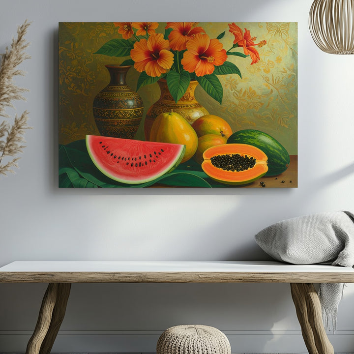 Tropical Abundance Canvas – Folkloric Still Life with Fruits & Hibiscus Flowers - Gifitto