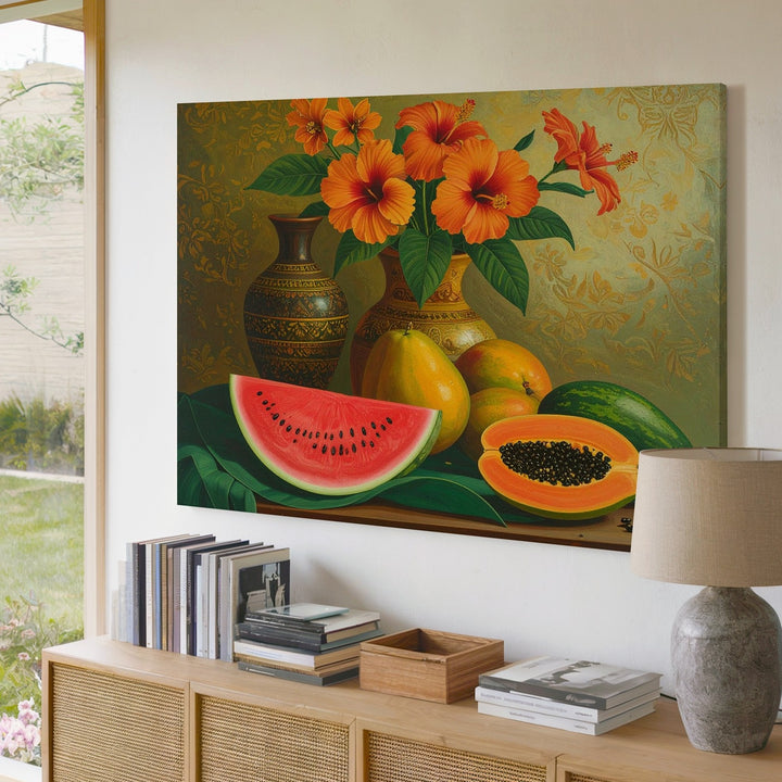 Tropical Abundance Canvas – Folkloric Still Life with Fruits & Hibiscus Flowers - Gifitto
