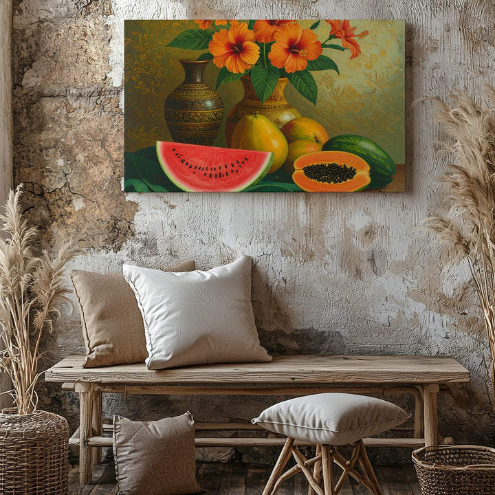 Tropical Abundance Canvas – Folkloric Still Life with Fruits & Hibiscus Flowers - Gifitto