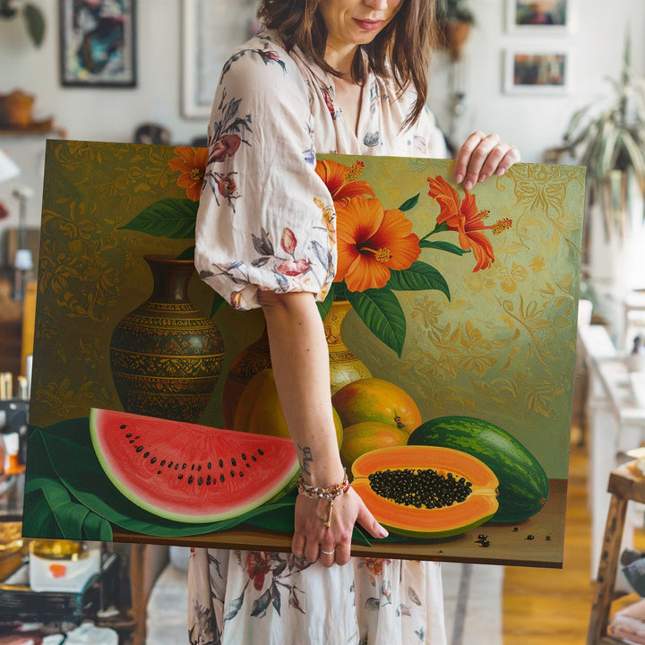 Tropical Abundance Canvas – Folkloric Still Life with Fruits & Hibiscus Flowers - Gifitto