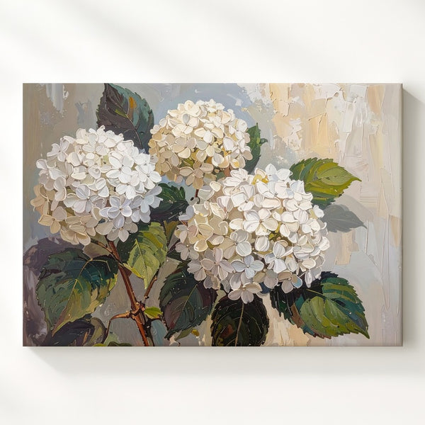 White Hydrangea Texture Canvas – Impasto Floral Wall Art in Neutral Tones - Gifitto