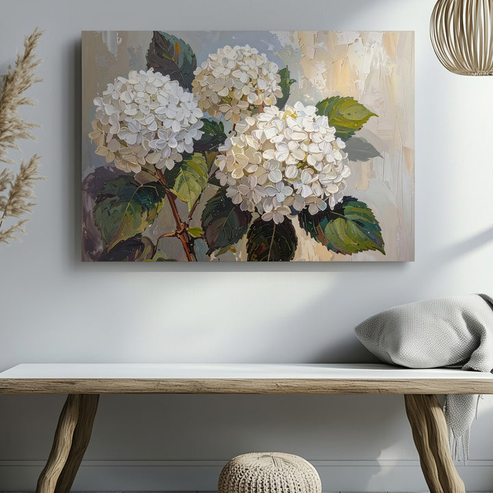 White Hydrangea Texture Canvas – Impasto Floral Wall Art in Neutral Tones - Gifitto