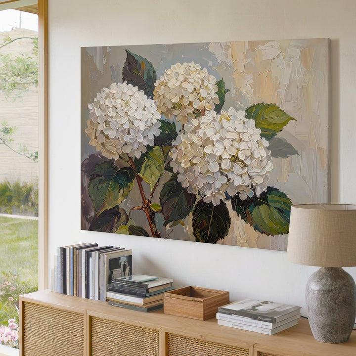 White Hydrangea Texture Canvas – Impasto Floral Wall Art in Neutral Tones - Gifitto
