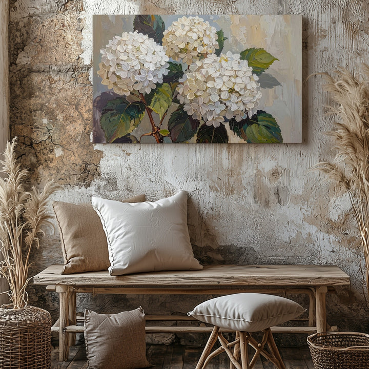 White Hydrangea Texture Canvas – Impasto Floral Wall Art in Neutral Tones - Gifitto