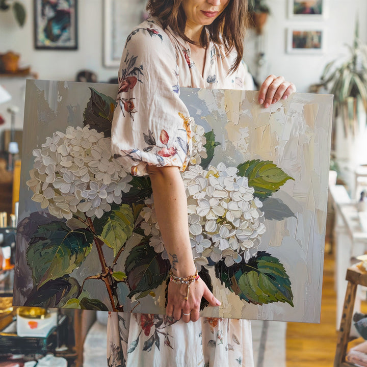 White Hydrangea Texture Canvas – Impasto Floral Wall Art in Neutral Tones - Gifitto