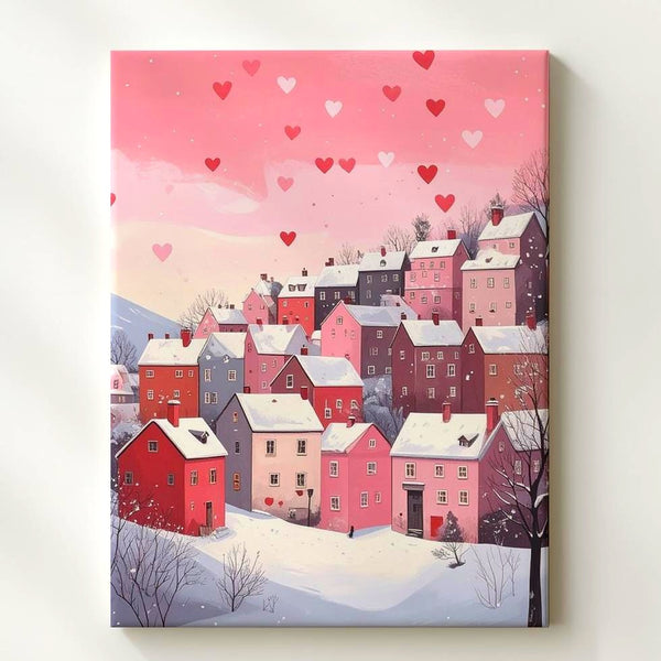 Magical Winter Village Canvas – Heart-Shaped Snowfall on Snowy Hill - Gifitto
