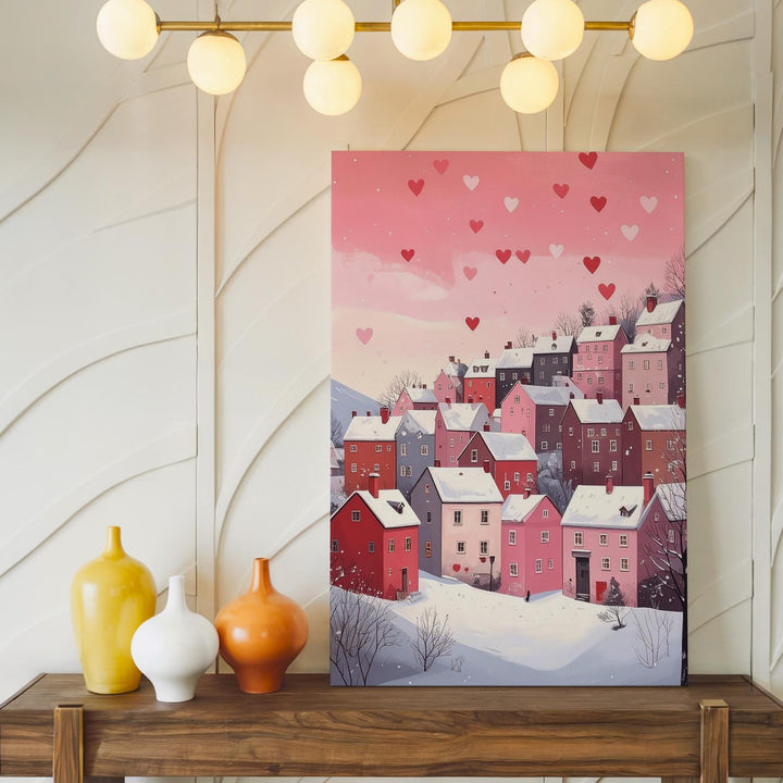 Magical Winter Village Canvas – Heart-Shaped Snowfall on Snowy Hill - Gifitto