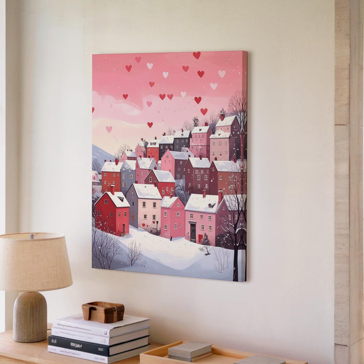 Magical Winter Village Canvas – Heart-Shaped Snowfall on Snowy Hill - Gifitto